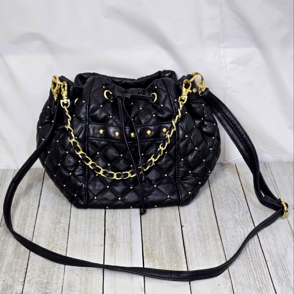 Paradox Geniune Leather Elegant Black Gold Quilted Shoulder Hand Bag